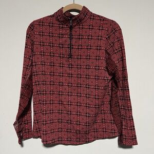 IBKUL Womens Quarter Zip Pullover Top Red Black Geometric UPF 50+ Sz Medium FLAW